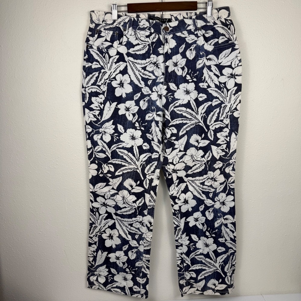 Bill Blass Jeans Womens 14 Short Blue White Floral Tropical Straight Leg Pants - Picture 2 of 11